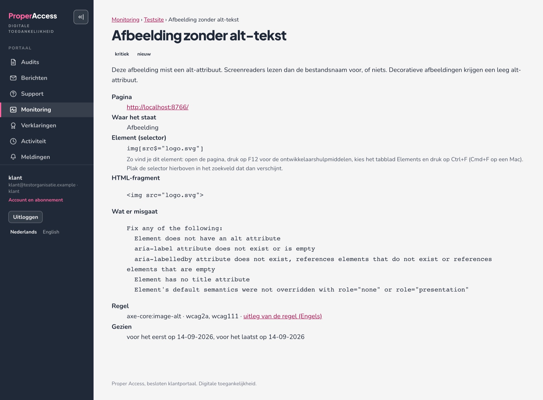 De detailpagina van de melding 'Afbeelding zonder alt-tekst' met de pagina, waar het staat, de selector met uitleg hoe je het element vindt, het HTML-fragment en de regel.