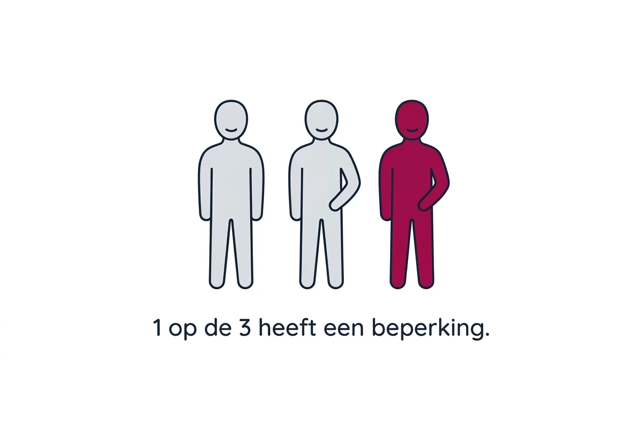 Illustratie van drie personen naast elkaar, waarvan er een in magenta is uitgelicht, met het onderschrift: 1 op de 3 heeft een beperking.