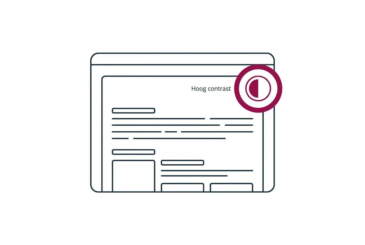 Een webpagina met rechtsboven een ronde knop met een half donker, half licht contrast-icoon om naar hoog contrast te schakelen.