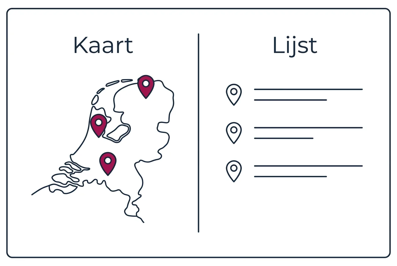 Een webpagina met links een kaart met magenta locatiespelden en rechts een lijst met dezelfde locaties en adressen als tekst.