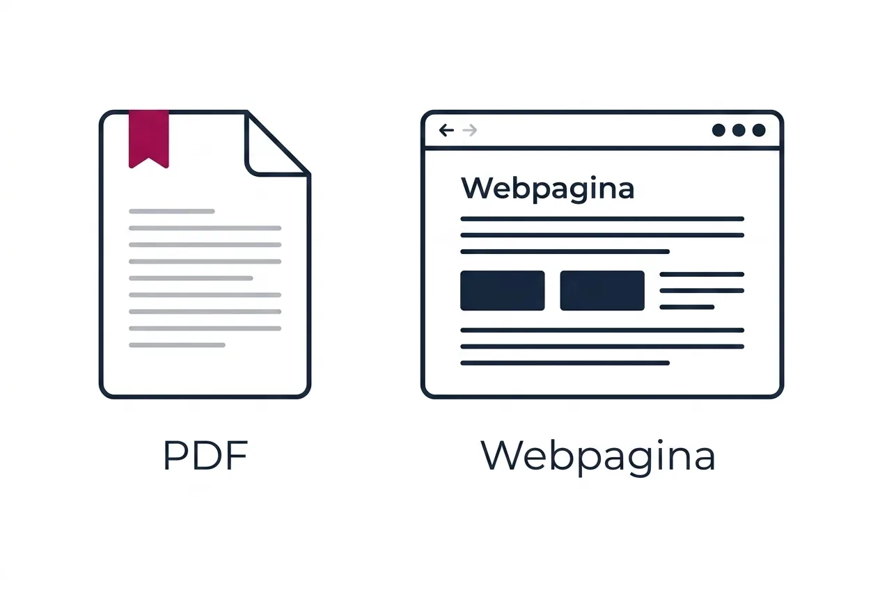 Links een ontoegankelijke PDF met vage tekstregels, rechts dezelfde inhoud als nette webpagina met koppen en tekst.