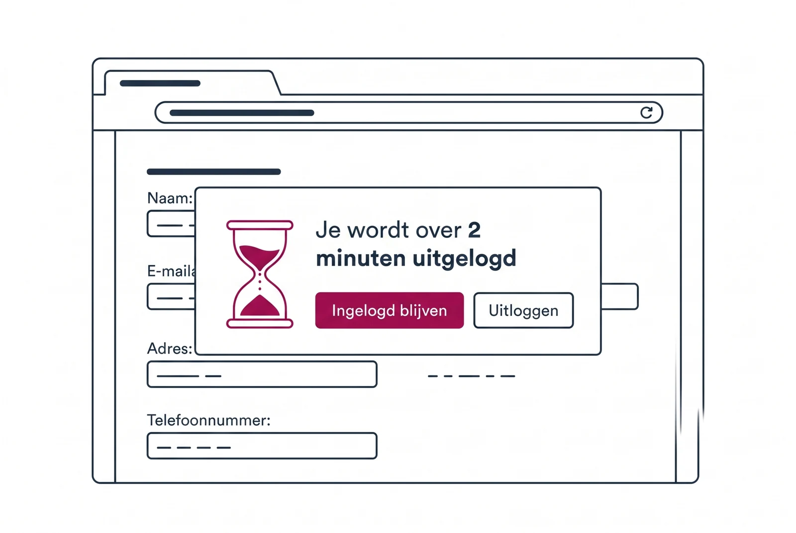 Een browservenster met een half ingevuld formulier. Daaroverheen een venster met een zandloper en de tekst “Je wordt over 2 minuten uitgelogd”, met daaronder een knop “Ingelogd blijven” en een knop “Uitloggen”.