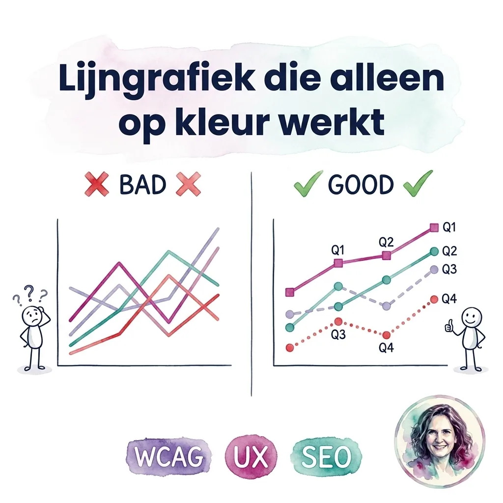 Grafiek met lijnen die alleen door kleur te onderscheiden zijn
