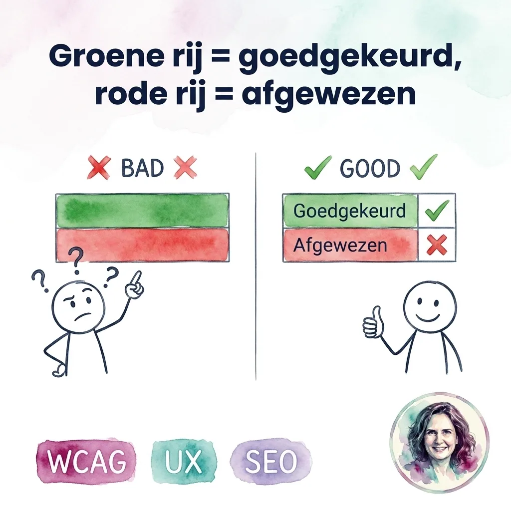 Groene rij = goedgekeurd, rode rij = afgewezen