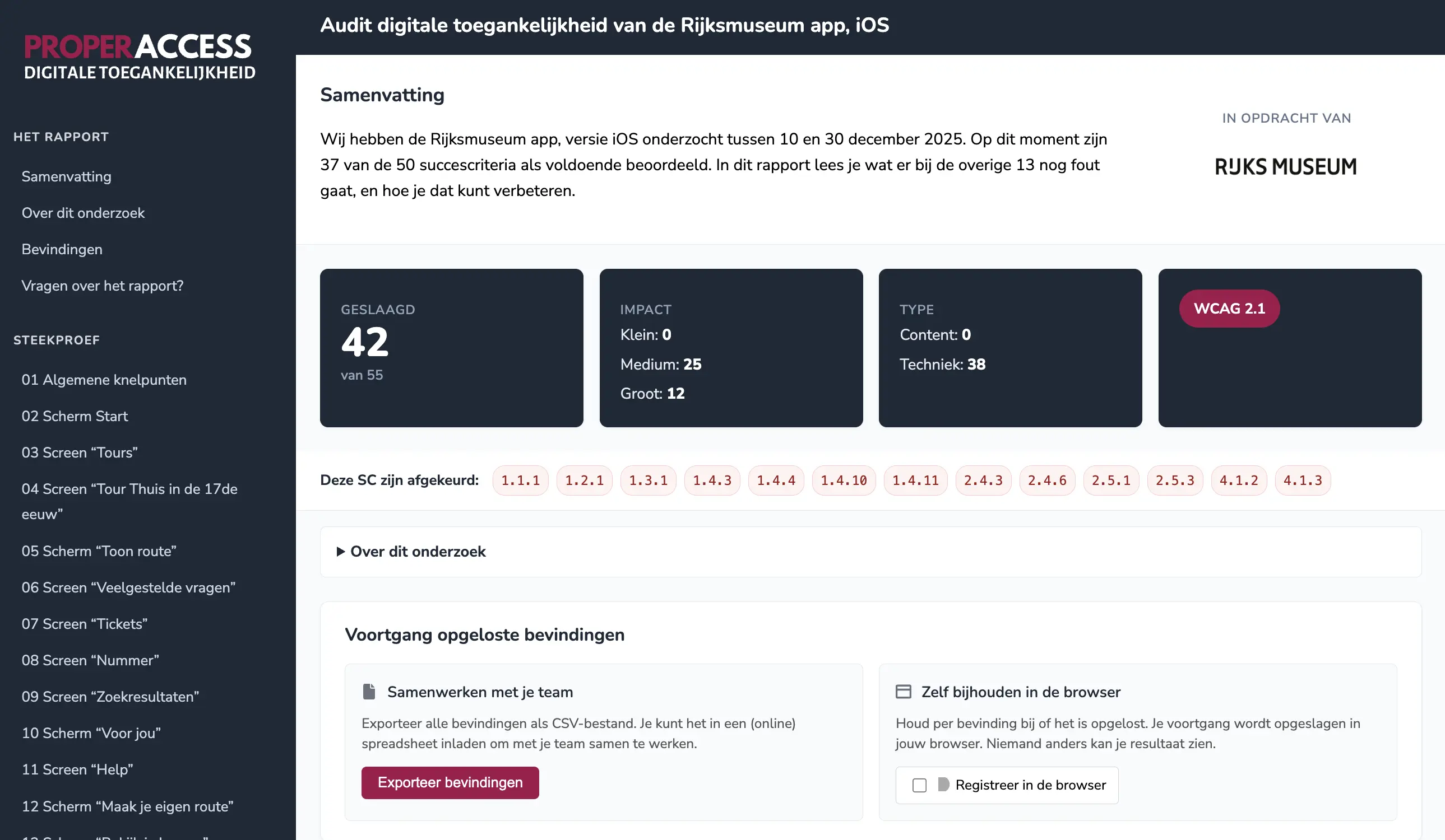 Auditrapport van een van de Rijksmuseumapps