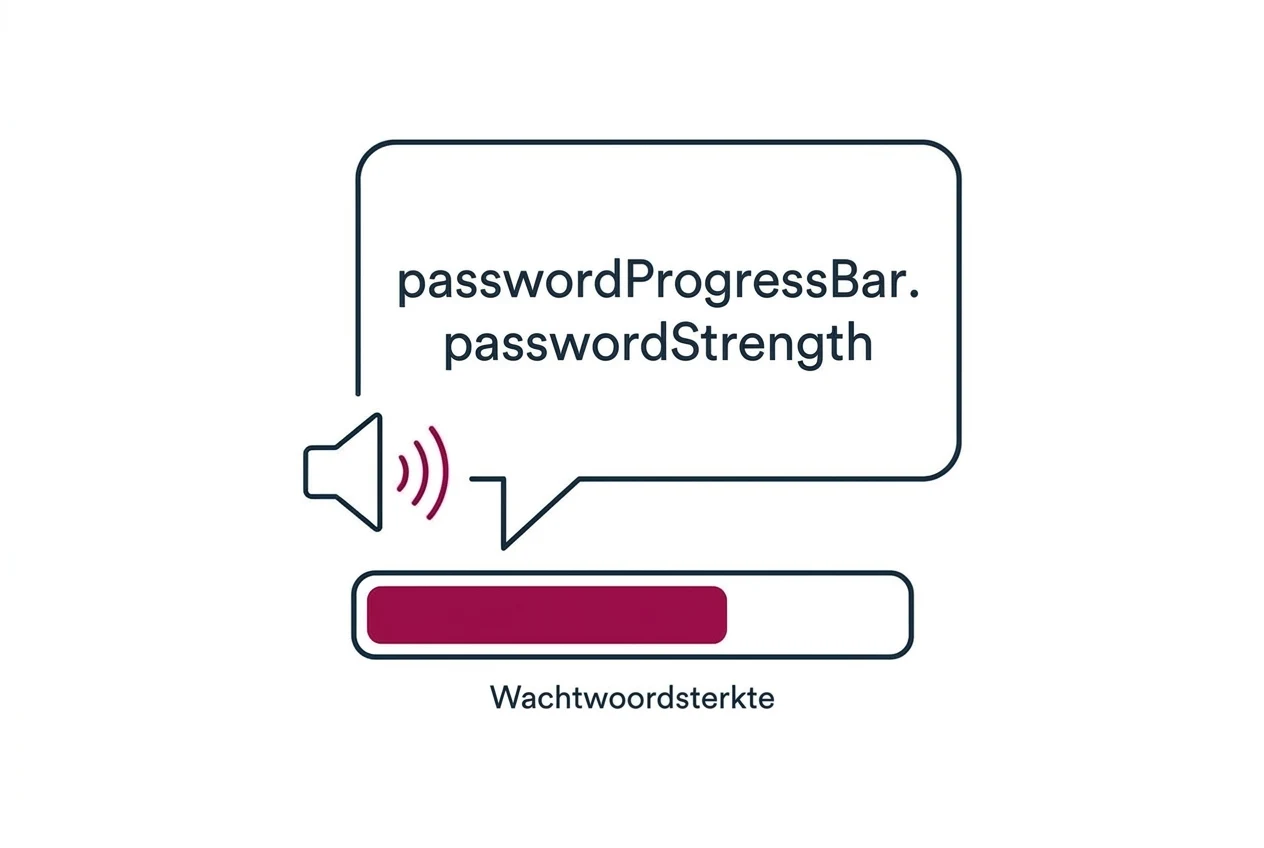 Een wachtwoordsterkte-balk waarvan de schermlezer de naam voorleest als de technische code passwordProgressBar.passwordStrength in plaats van het woord wachtwoordsterkte.