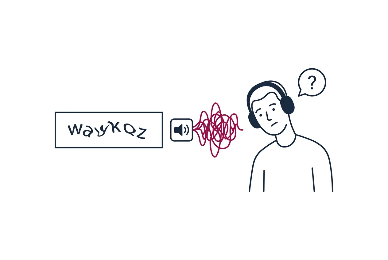 Een captcha met vervormde tekst en een audioknop die rommelige geluidsgolven uitzendt. Een luisteraar met koptelefoon kijkt vragend.