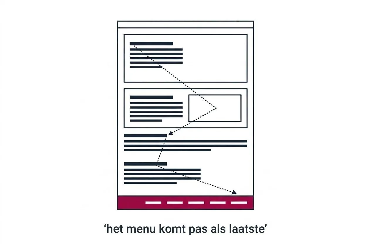 Een webpagina waarbij het toetsenbordpad eerst door alle inhoud naar beneden loopt en het menu pas onderaan bereikt.