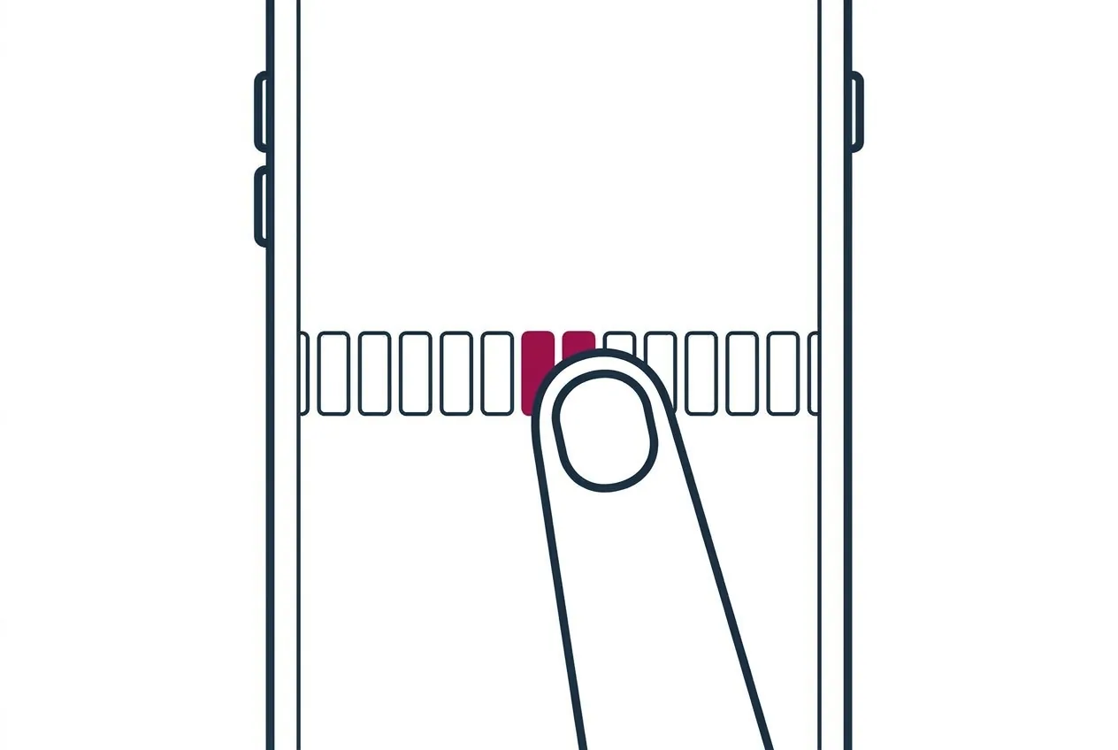 Een telefoonscherm met een rij heel kleine knoppen die dicht op elkaar staan. Een vingertop raakt er per ongeluk twee tegelijk.
