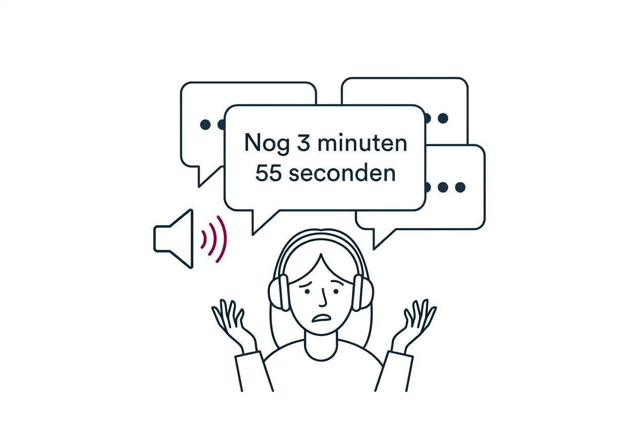 Iemand met een koptelefoon wordt overspoeld door meldingen. In de grootste tekstballon staat “Nog 3 minuten 55 seconden”.