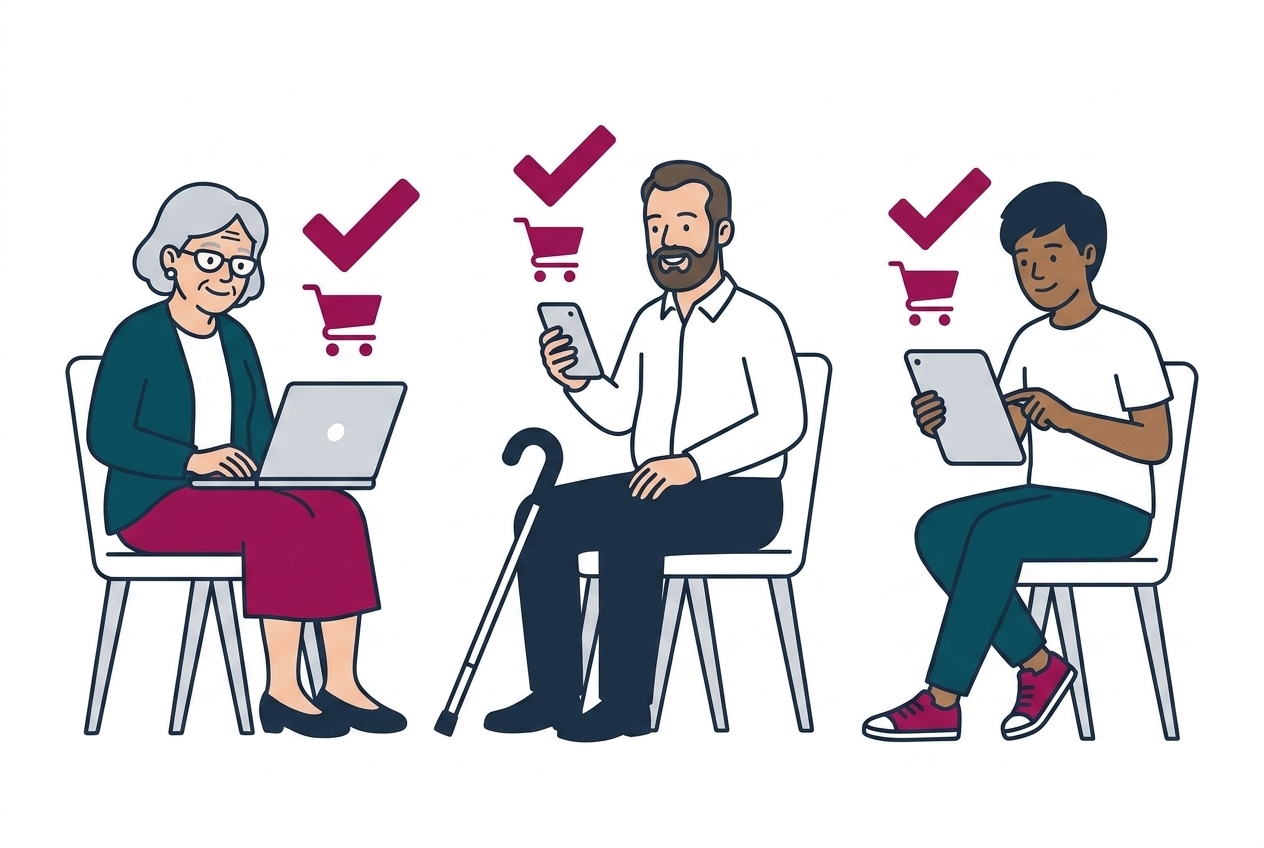 Drie verschillende mensen kopen moeiteloos online op een laptop, een telefoon en een tablet. Bij elk staat een vinkje en een winkelwagen, en naast een van hen staat een witte taststok.
