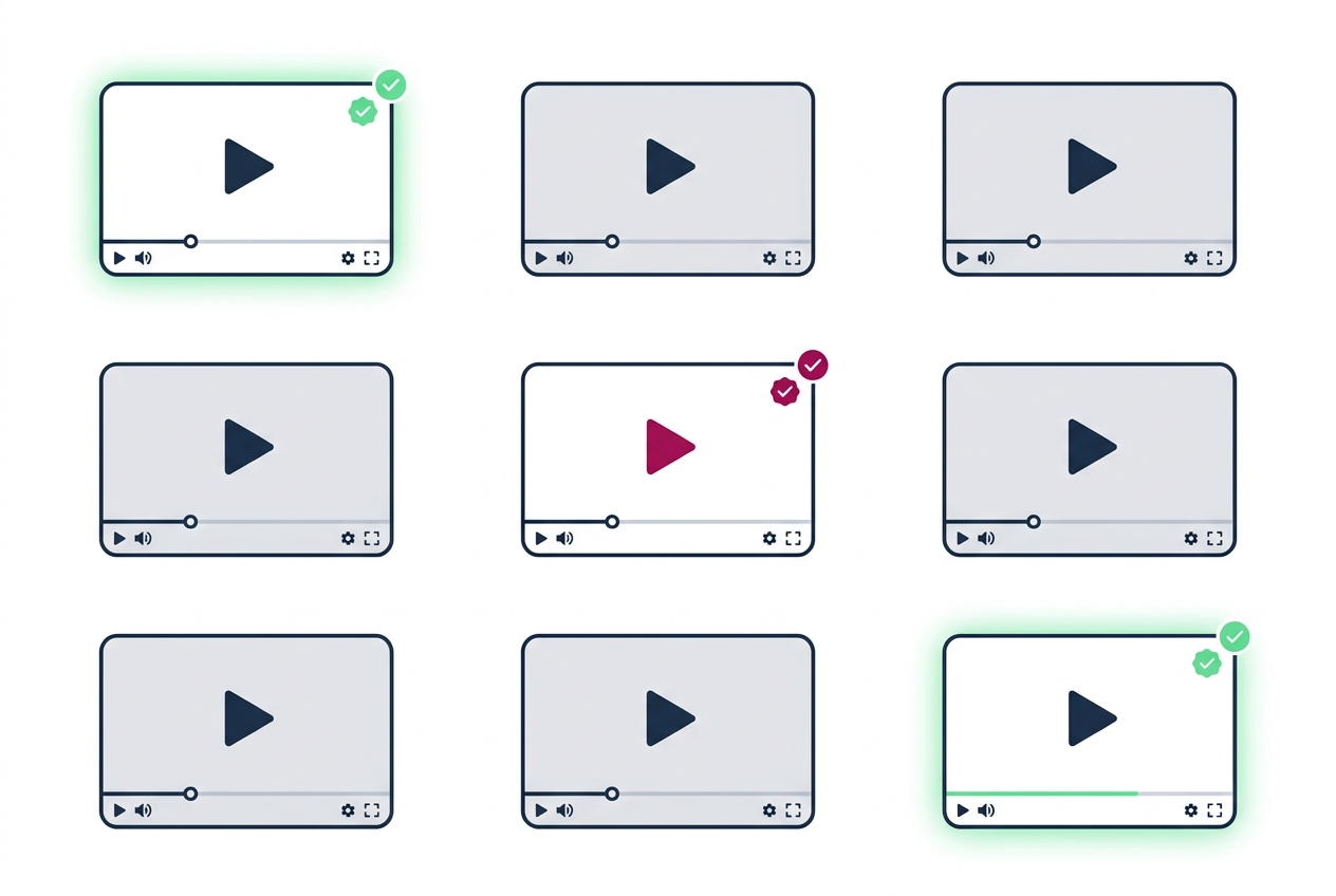 Negen gestileerde videospelers in een raster van 3 bij 3. Drie spelers zijn gemarkeerd met een groen accent als teken dat ze binnen onze testtijd geen bevindingen kregen. De overige zes blijven in neutraal grijs.
