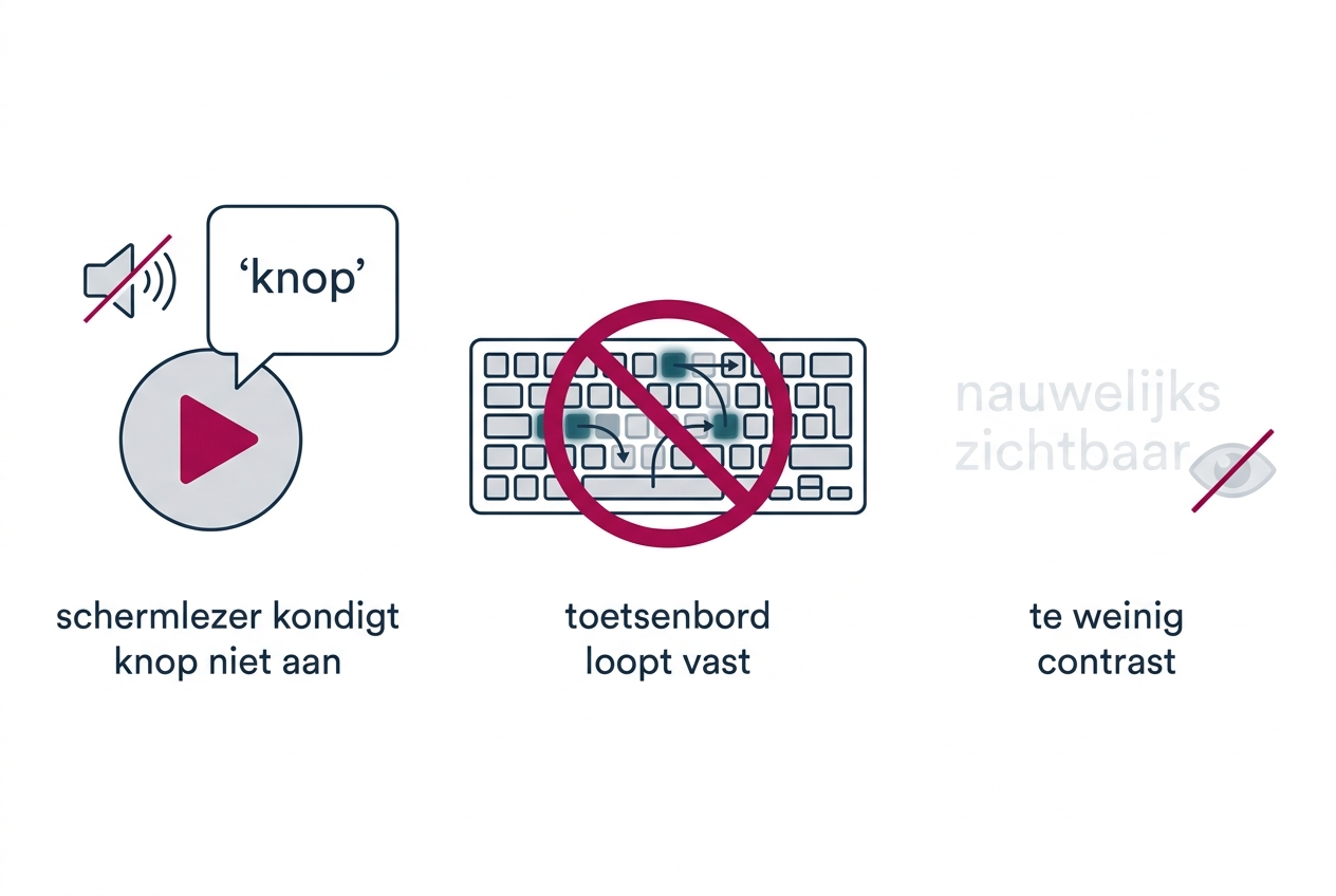 Drie illustraties naast elkaar van toegankelijkheidsproblemen in videospelers: een afspeel-knop met een spraakbel die alleen het woord knop bevat, een toetsenbord met een rood verbod-symbool, en lichtgrijze tekst die wegvalt tegen een lichte achtergrond met een oog-symbool ernaast.