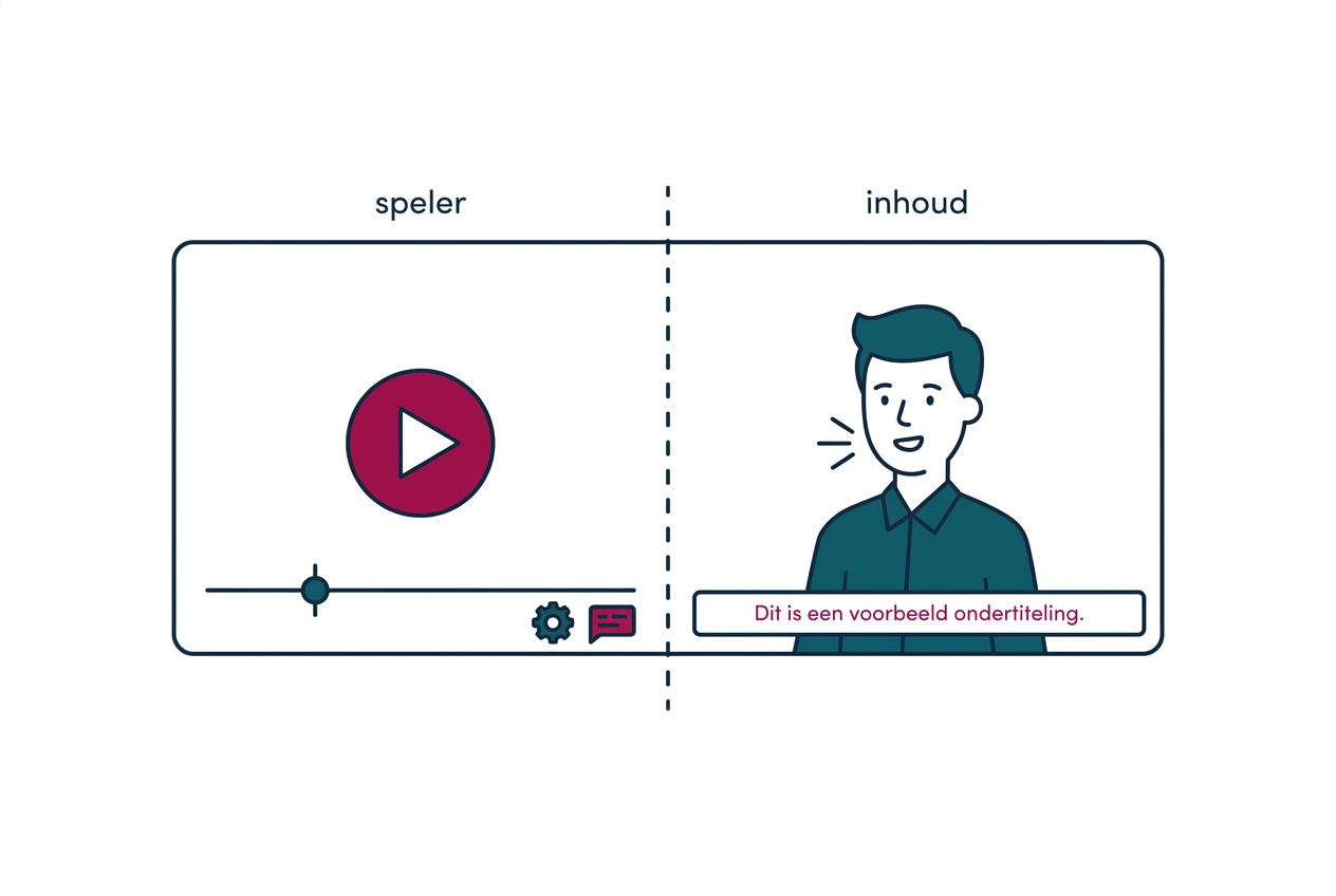 Een videospeler-frame in tweeën gedeeld door een stippellijn. Links de speler-controls met een afspeel-knop, tijdlijn, instellingen-icoon en ondertitel-icoon, met daarboven het label speler. Rechts een persoon die spreekt met een ondertitel eronder, met daarboven het label inhoud.