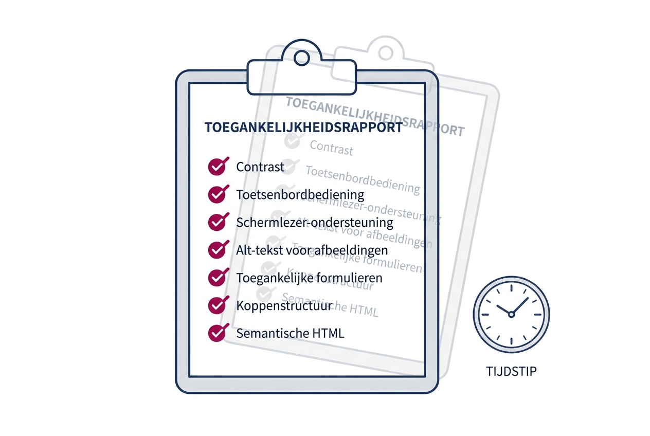 Een klembord met een audit-rapport en afgevinkte checklist, met daarnaast een analoge klok om de momentopname te benadrukken. Achter het hoofd-klembord staat een lichtgrijze, iets verschoven kopie, om te suggereren dat de software om het rapport heen blijft veranderen.