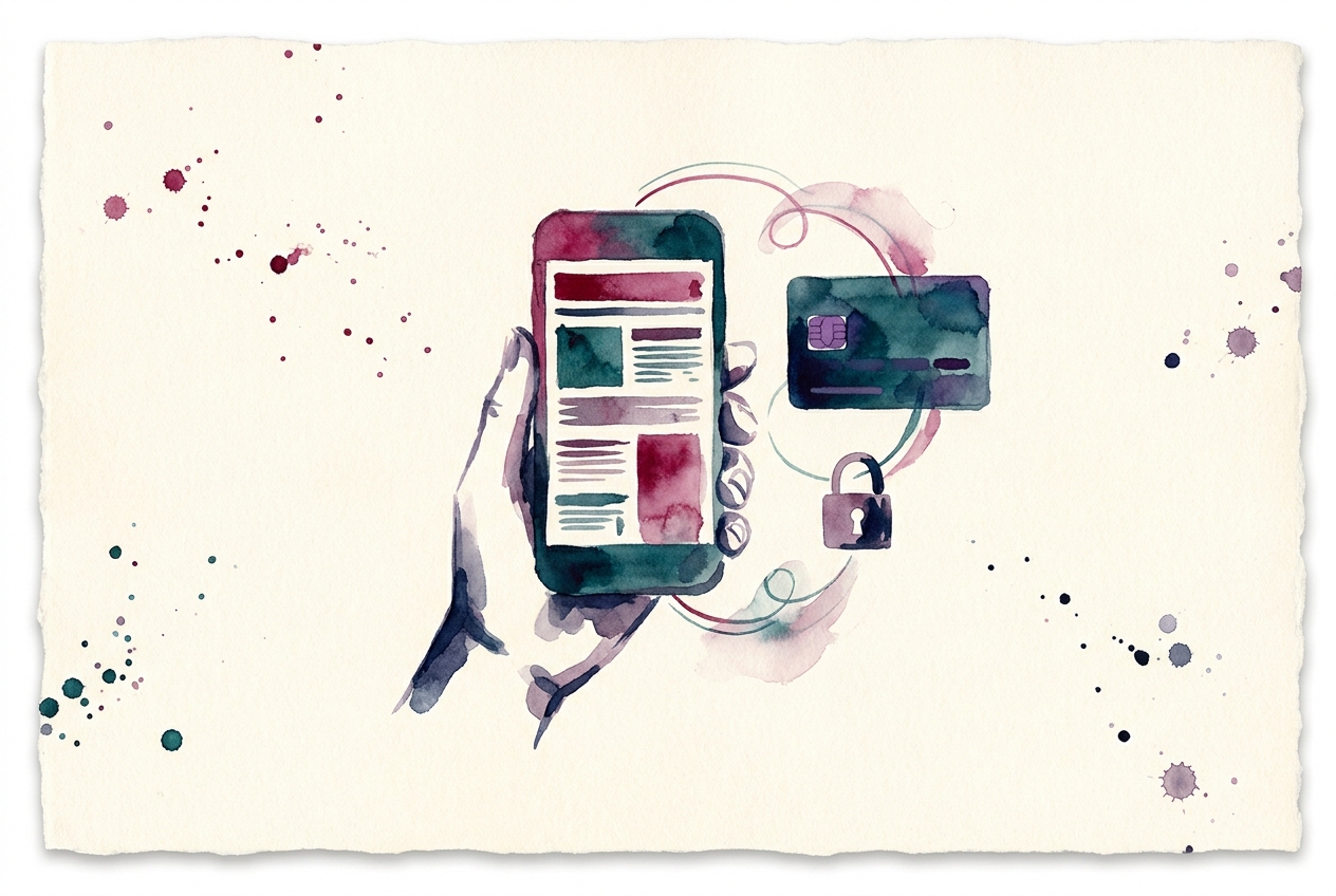 Aquarel van een hand met telefoon die een krant toont, naast een betaalpas en een slot