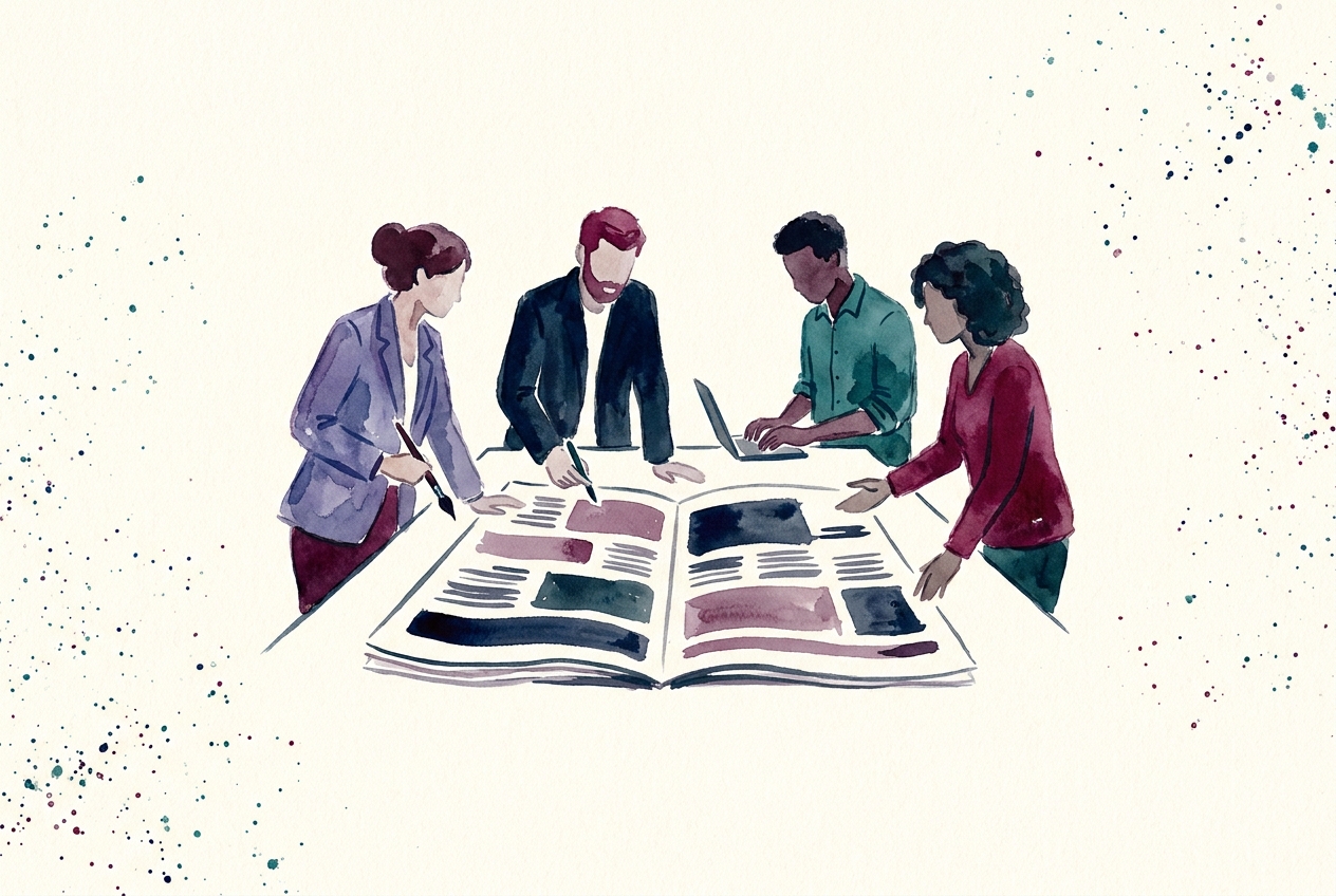 Aquarel van vier collega's uit verschillende disciplines rond een grote opengeslagen krant