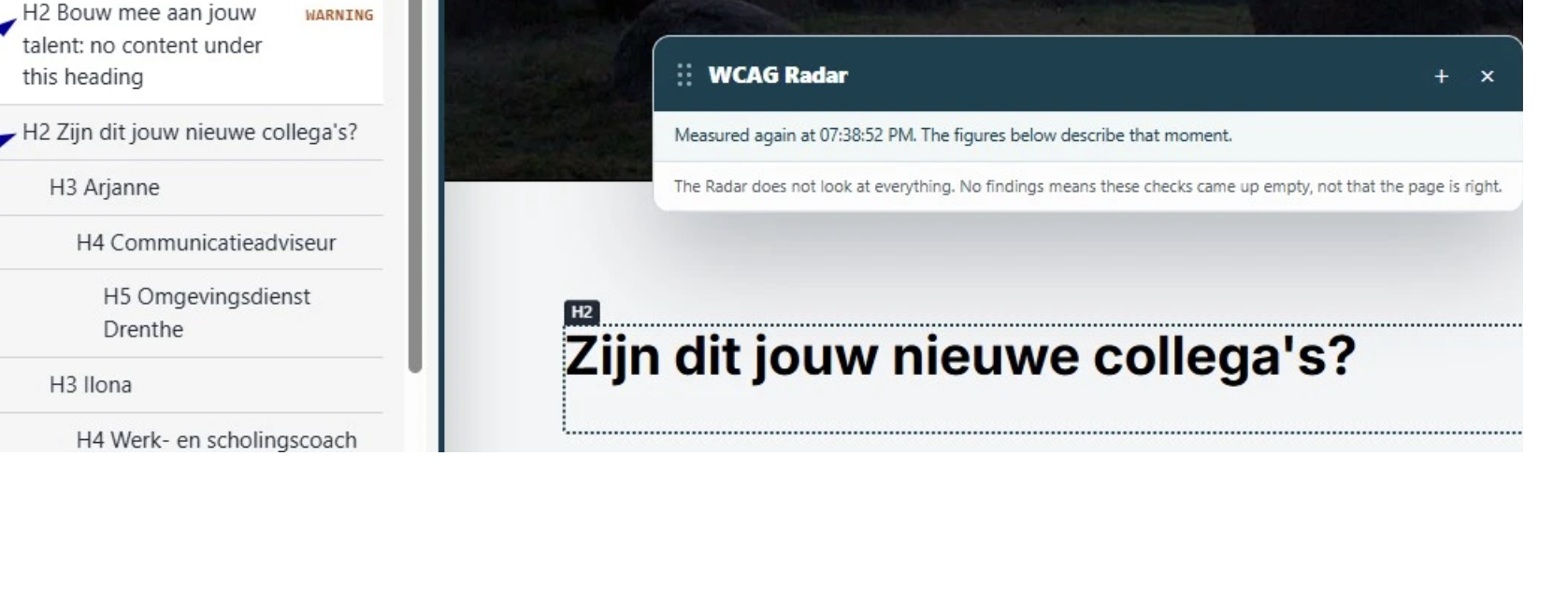 Voorbeeld van een koppenstructuur met een melding van de WCAG Radar