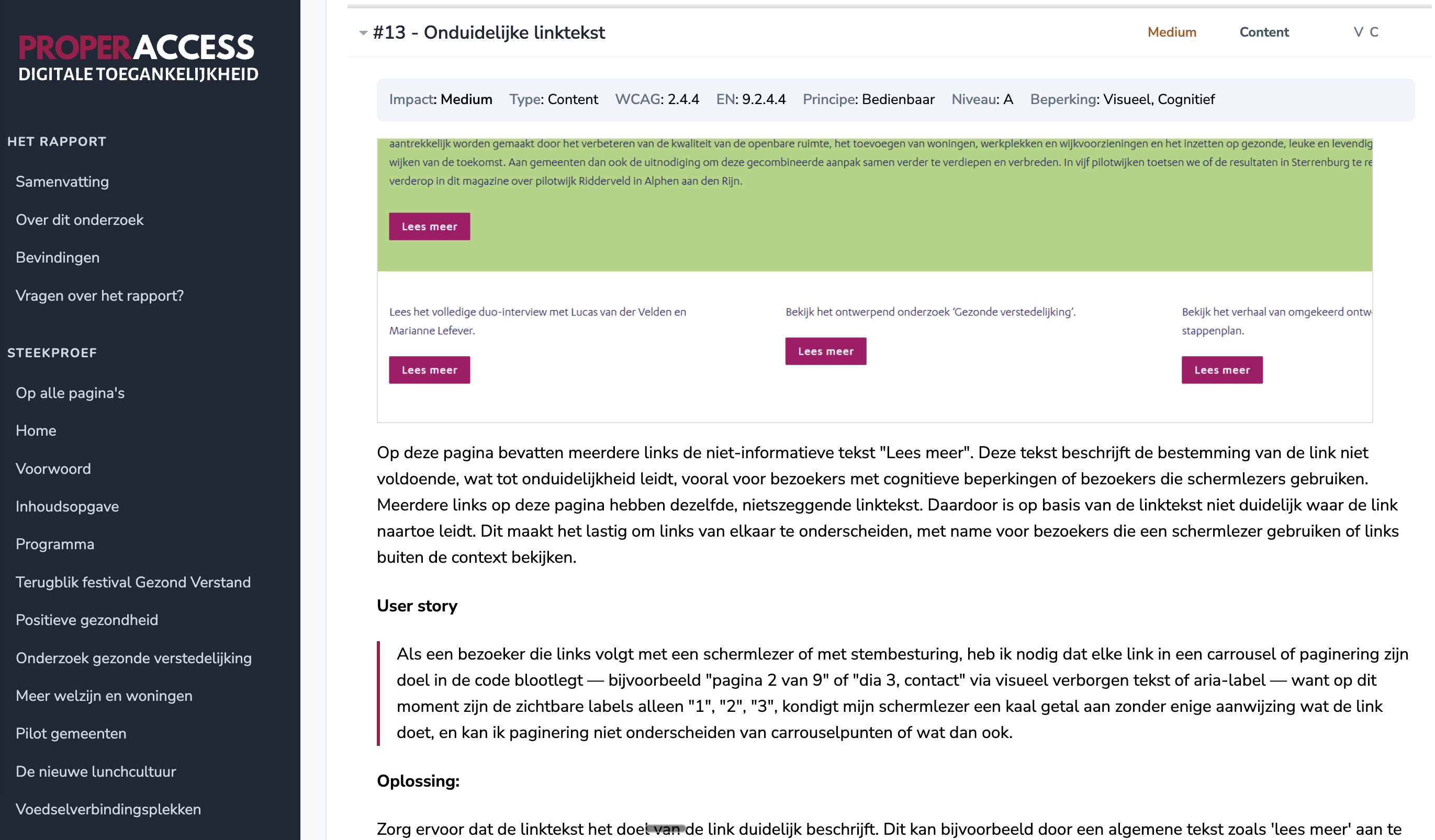 Bevinding over onduidelijke 'Lees meer'-linktekst, met user story die schermlezer- en stembesturingsgebruikers combineert