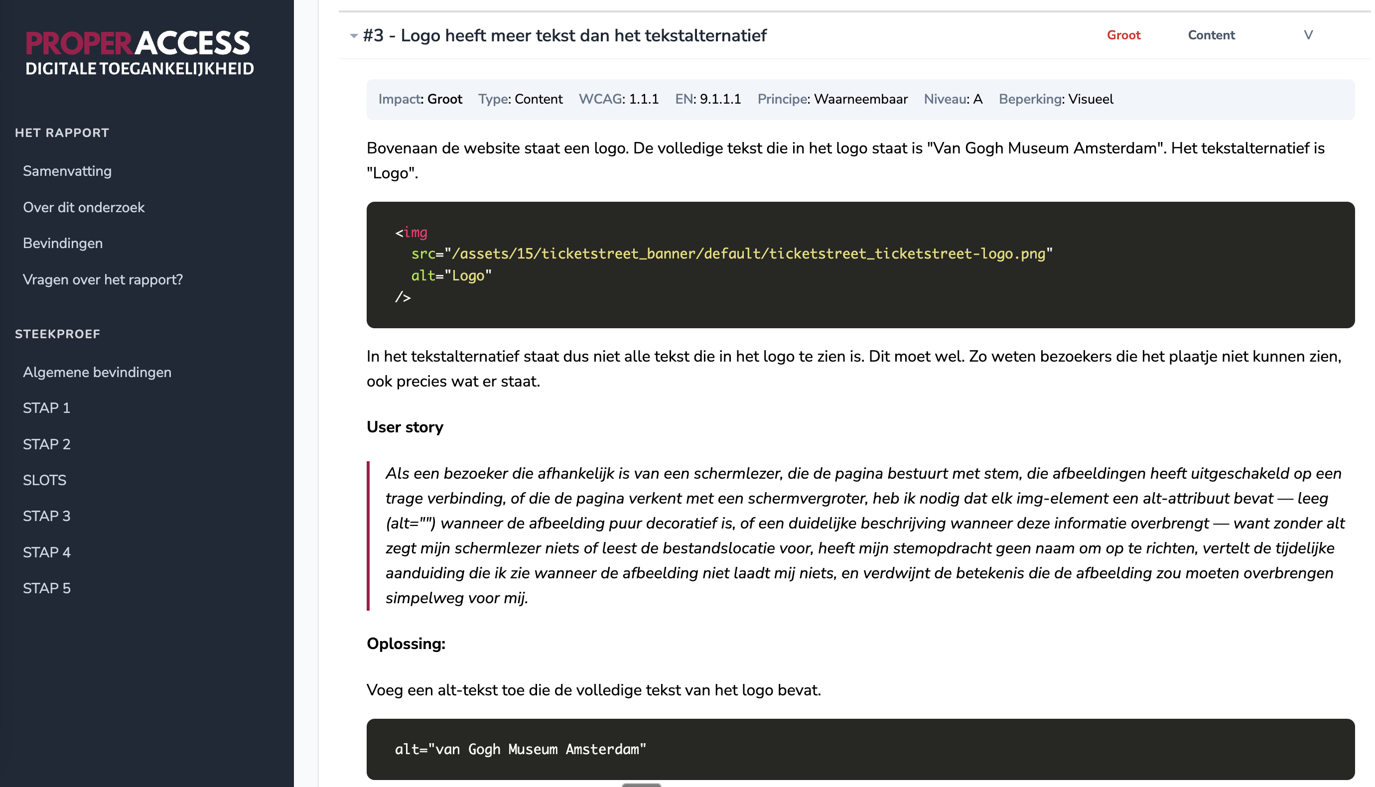 Bevinding over een logo-alt-tekst die meer bevat dan de visuele tekst, met user story en code-oplossing