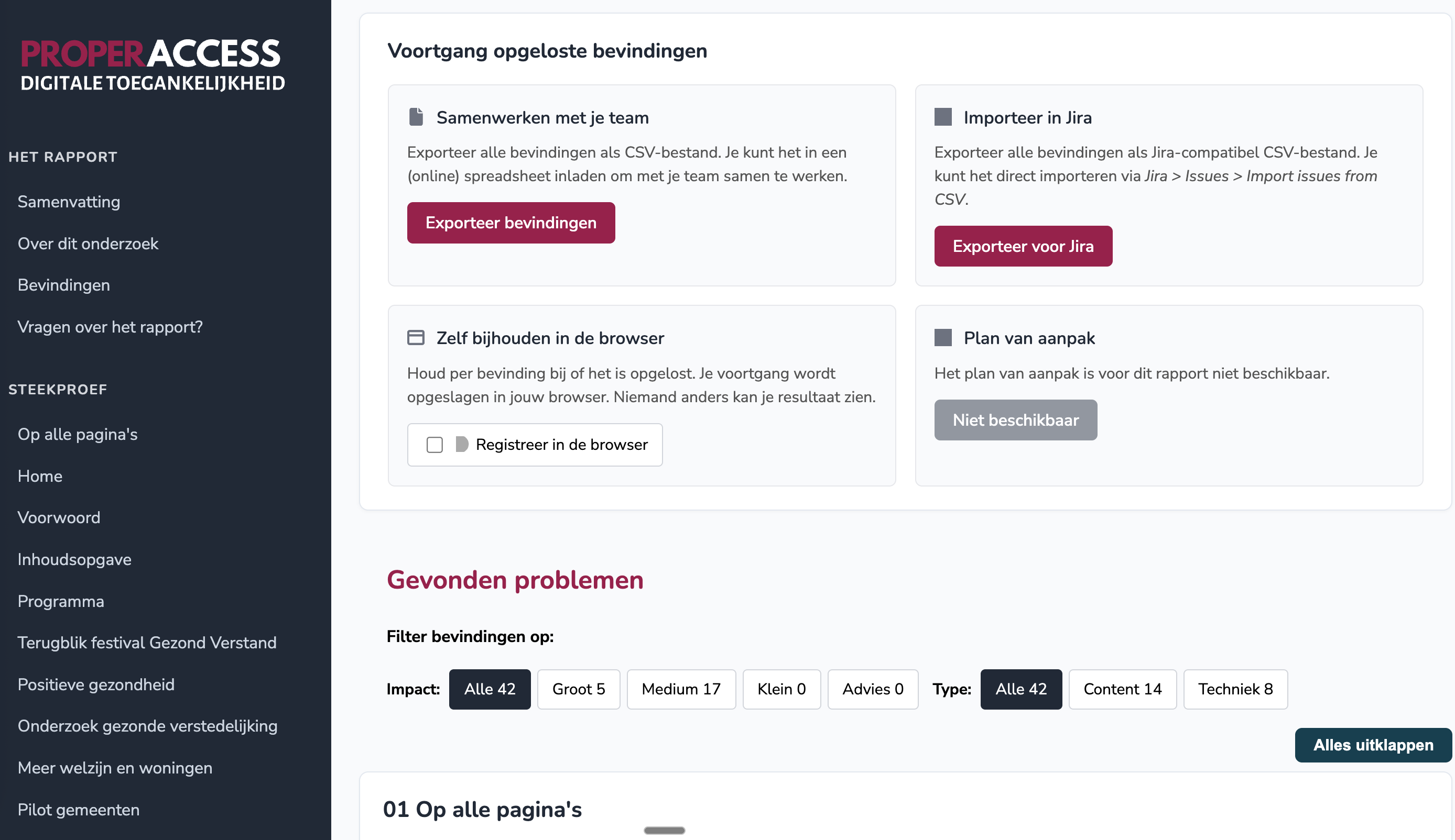 Pagina uit het rapport met opties om bevindingen naar Jira of een spreadsheet te exporteren, plus filters op impact en type