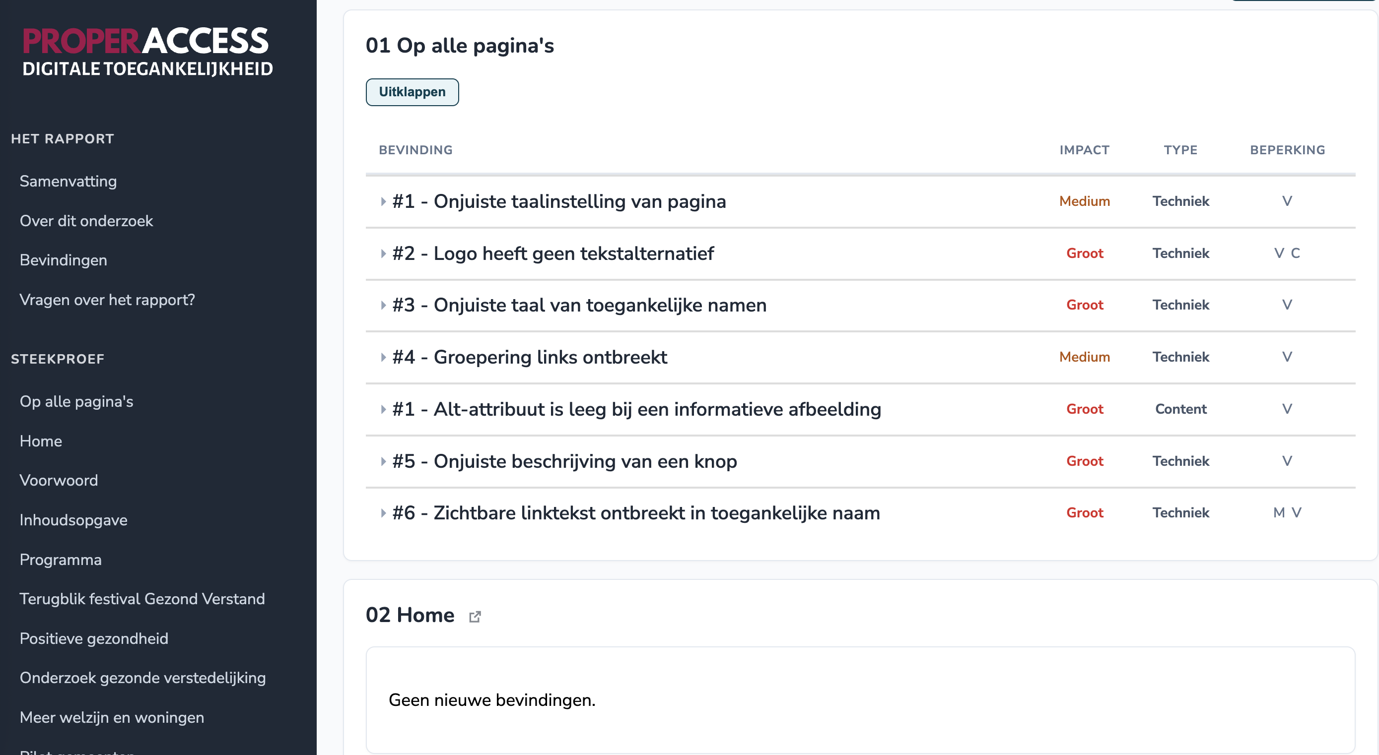 Overzicht van bevindingen per element op één pagina, met kolommen voor impact, type en betrokken beperking