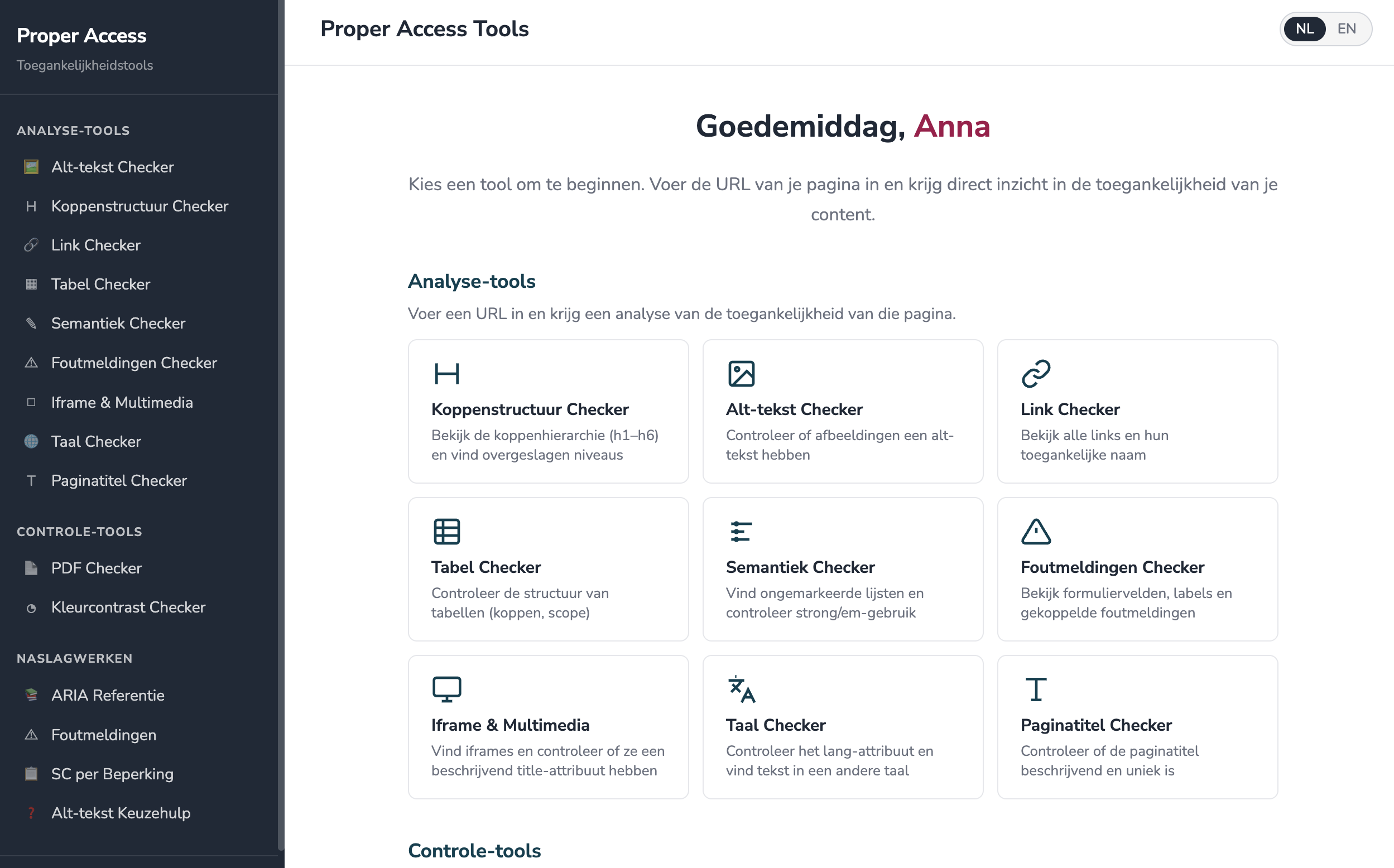 Screenshot van de Proper Access Toolsuite met 9 analyse-tools voor webredactie